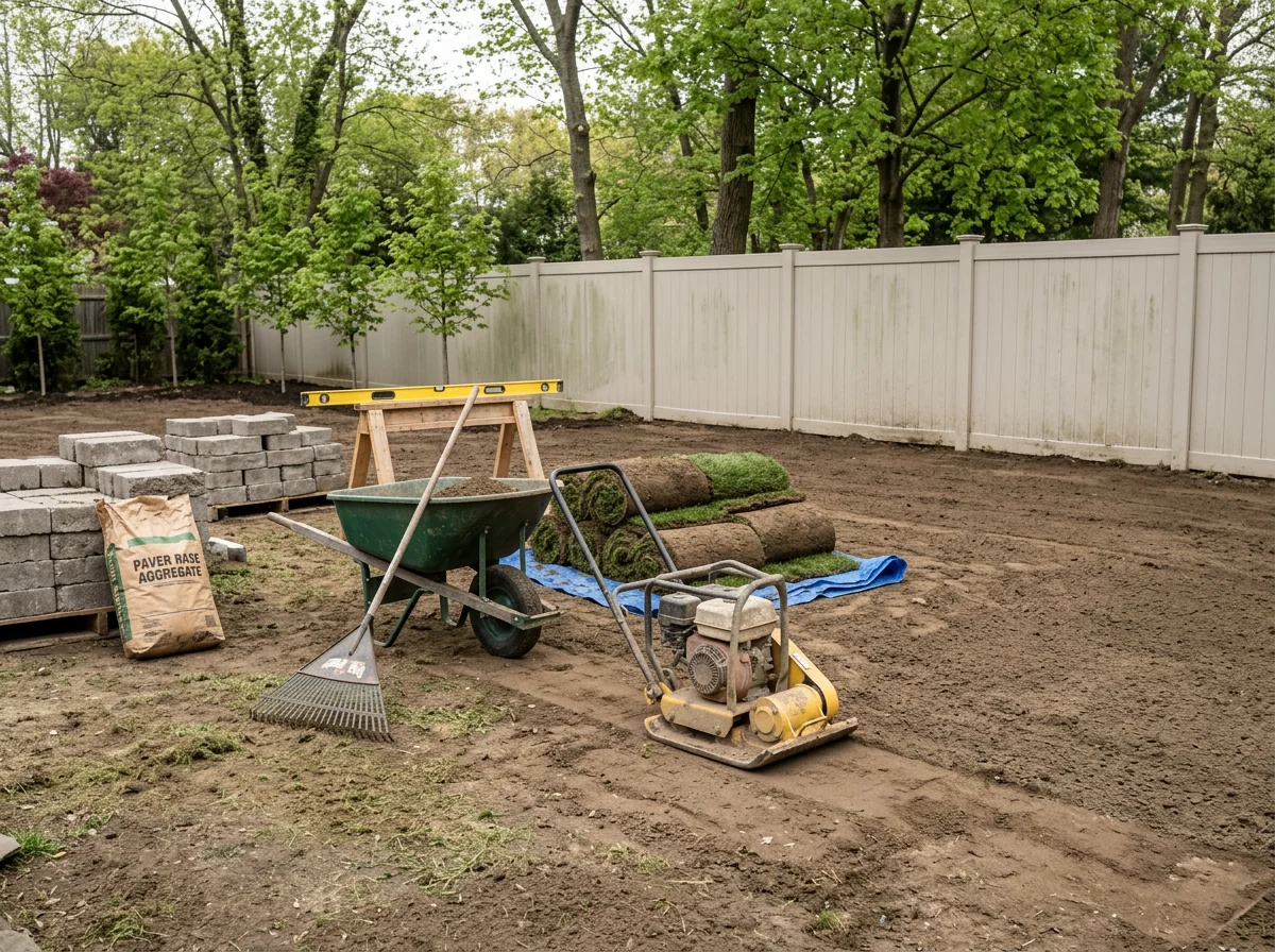 Landscaping equipment and materials arranged on a job site, showing the tools used for grading, masonry, and turf installation. No people are visible in the photo.
