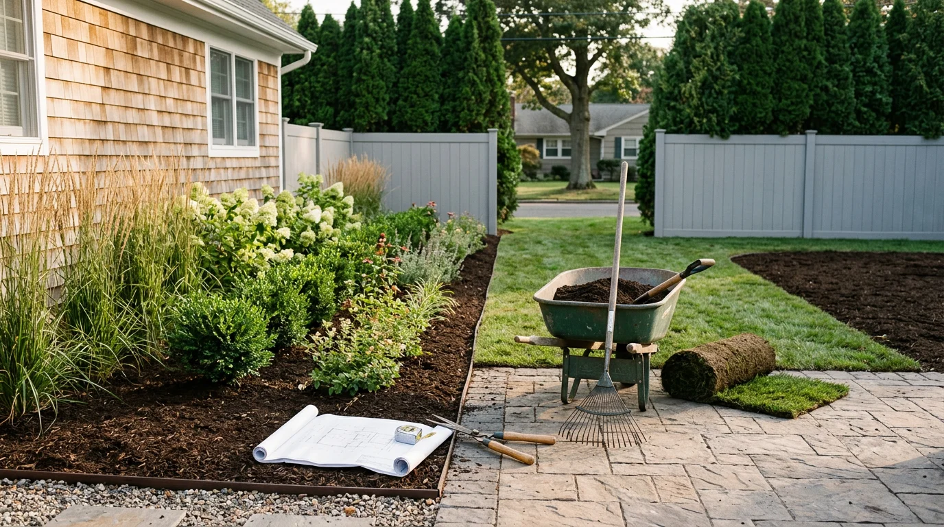 Gladiator Landscaping and Design crew planning a custom yard design on Long Island, NY