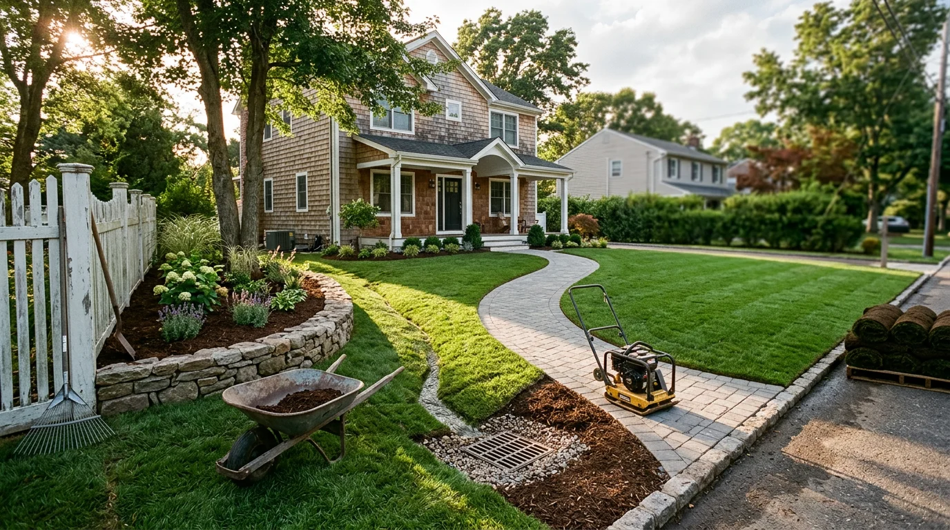 Landscaping crew installing sod and grading a residential yard in Long Island, NY