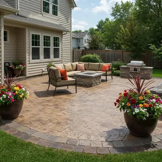 Stamped concrete patio with brown tone finish, stone fire pit, outdoor sectional, and built-in stainless grill with masonry surround