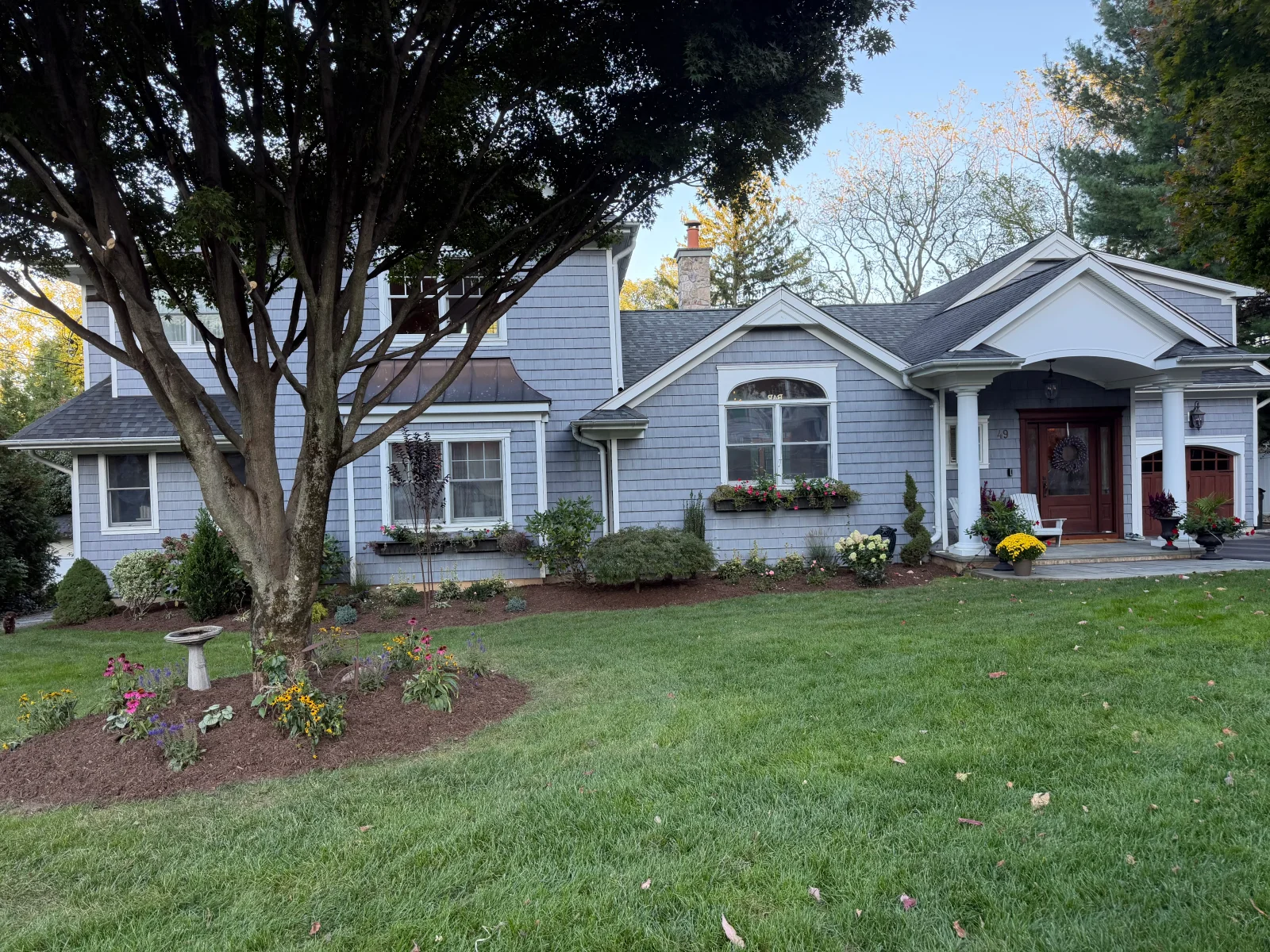 Front yard with mulched beds, flowering perennials, specimen shade tree, and planted window boxes beside gray shingle siding