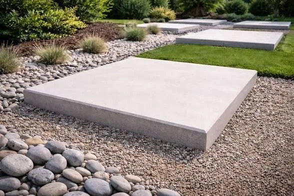 Large flat concrete stepping pads set in pea gravel with river rock border, beside green lawn and ornamental grasses