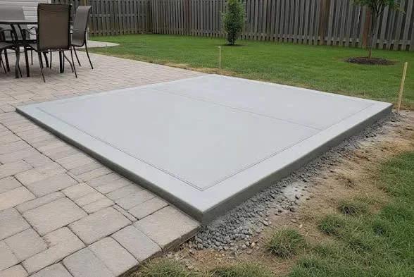 Smooth gray concrete pad with tooled border next to paver patio, gravel edging, and wood privacy fence