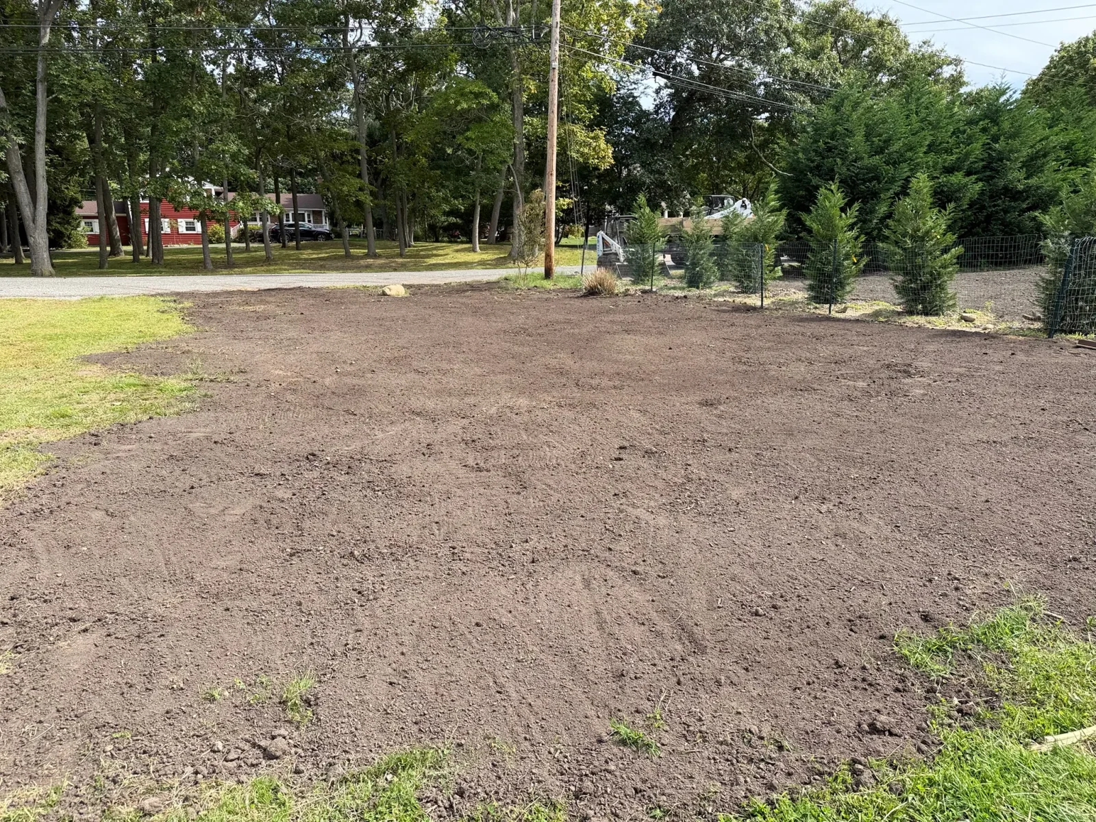 Graded dark topsoil yard with compact loader, wire fence, and young evergreen shrubs along the boundary