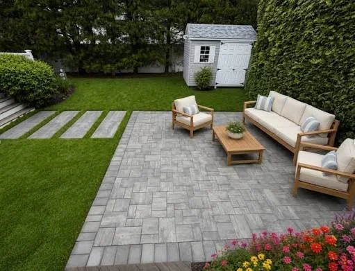 Gray interlocking paver patio with teak sofa, lounge chairs, and wood coffee table beside lawn and flowering beds