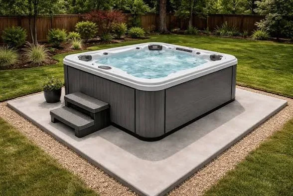Gray concrete hot tub pad with gravel border, composite-paneled spa with white top, and gray textured entry steps