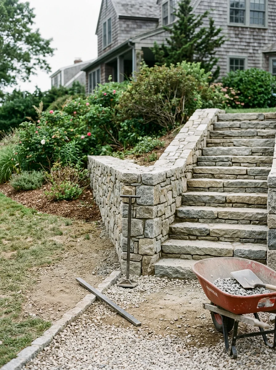 Stone masonry steps and retaining wall on a harbor-facing residential lot in Cold Spring Harbor, NY, with fieldstone matching the existing property character.