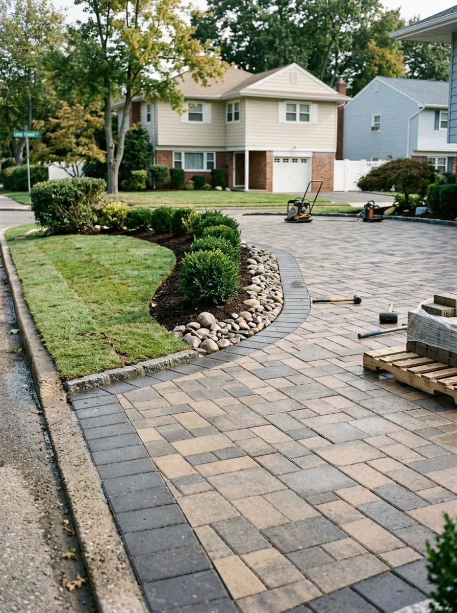 Driveway paving project on a postwar split-level home in Commack, NY, with new concrete pavers and a clean landscape border along the driveway edge.