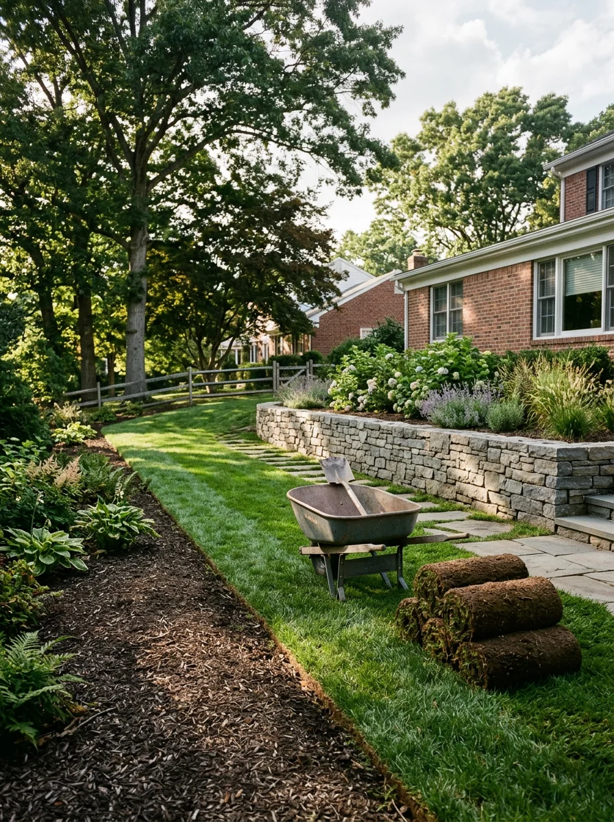 Custom landscape design with stone retaining wall and fresh sod on a sloped Dix Hills, NY property, with mature oak trees providing shade along the rear border.