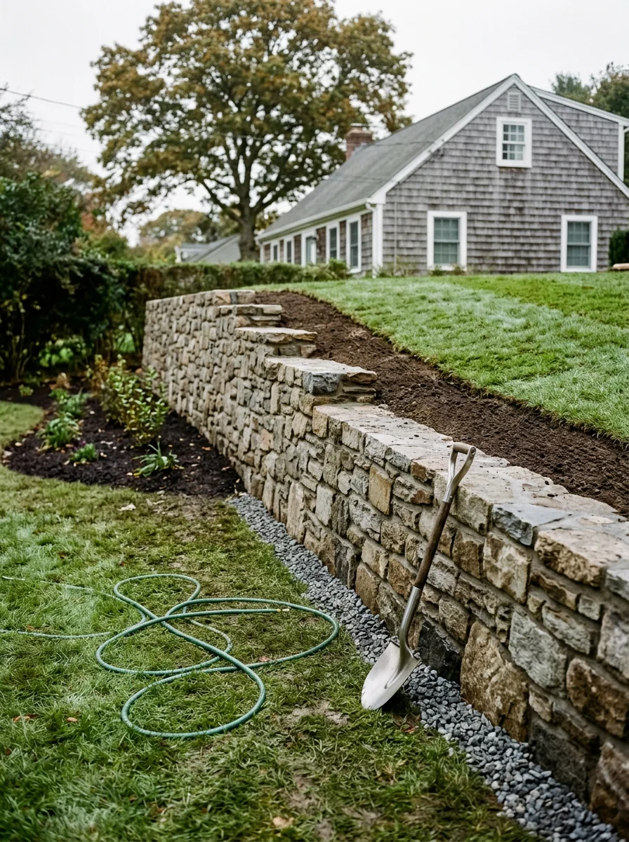 Close-up of a custom stone masonry retaining wall on a Greenlawn, NY residential property with fresh sod installed on the upper tier.