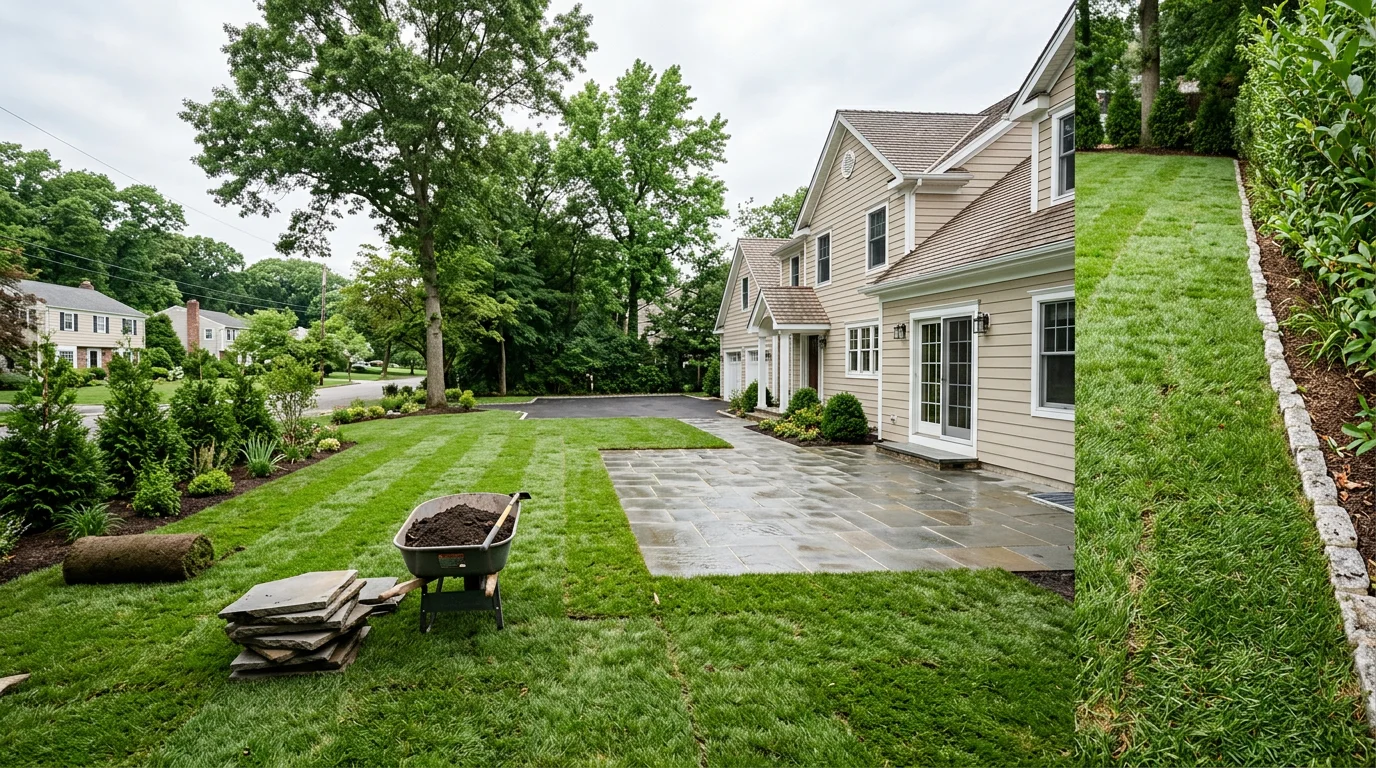 Newly installed stone patio and sod lawn on a large single-family lot in Greenlawn, NY, with mature trees lining the property edge.