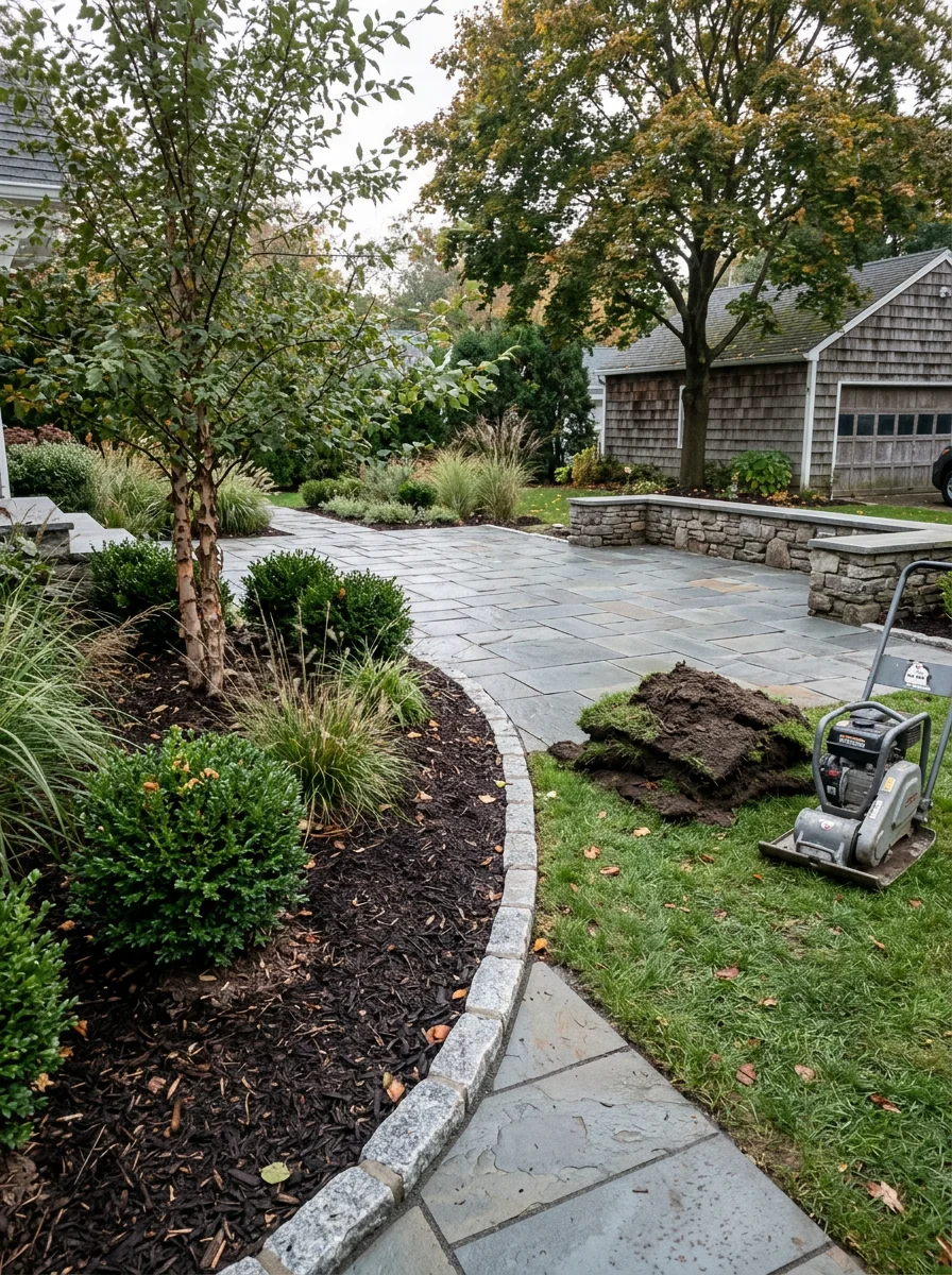 Patio design with natural stone pavers and landscape border plantings on a compact lot near Huntington Village, Long Island.