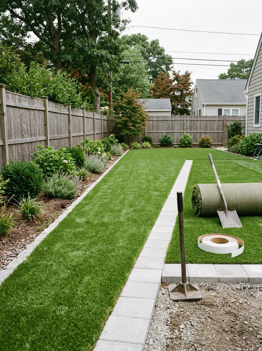 Artificial turf installation on a West Islip, NY residential lot near the Great South Bay, with clean landscape borders and a paver edge detail.