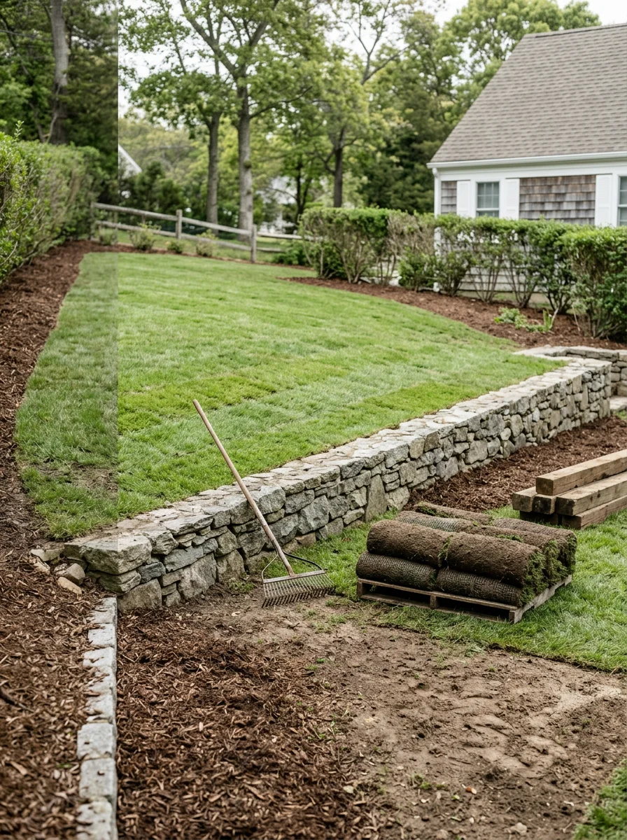 Graded and sodded rear yard on a hilly Northport, NY property, with a stone retaining wall holding the upper terrace level.