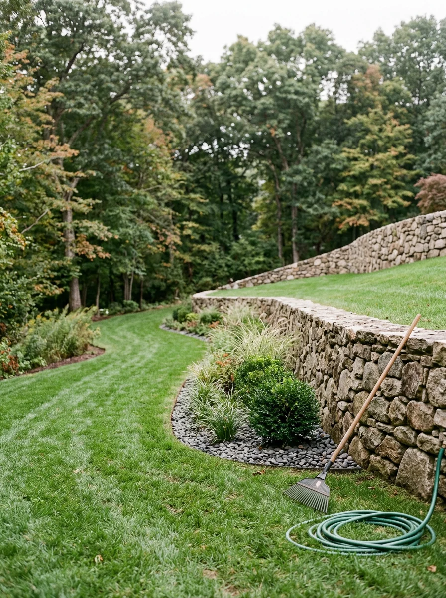 Natural stone retaining wall and graded lawn on a rolling residential lot in Oyster Bay Cove, NY, with mature trees and a tiered planting bed along the wall face.
