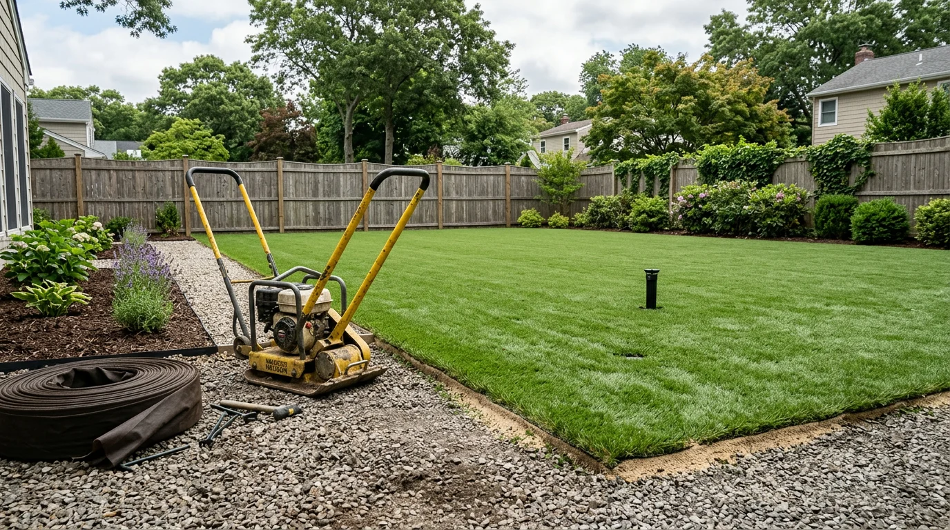 Freshly installed artificial turf in a residential backyard in Greenlawn, NY, with clean edges bordering a patio and a uniform green surface across the full lawn area. The sub-base and finished turf seams are not visible, showing a smooth, natural-looking result.