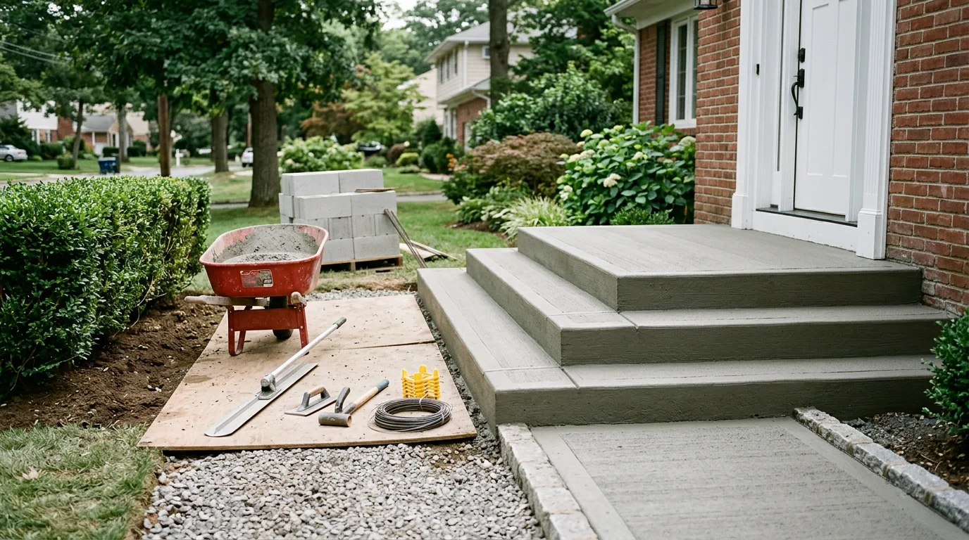 Freshly poured and finished concrete slab and front stoop at a residential property in Greenlawn, NY. The concrete surface is smooth, properly pitched for drainage, and set against a well-graded lawn on a North Shore Long Island home.