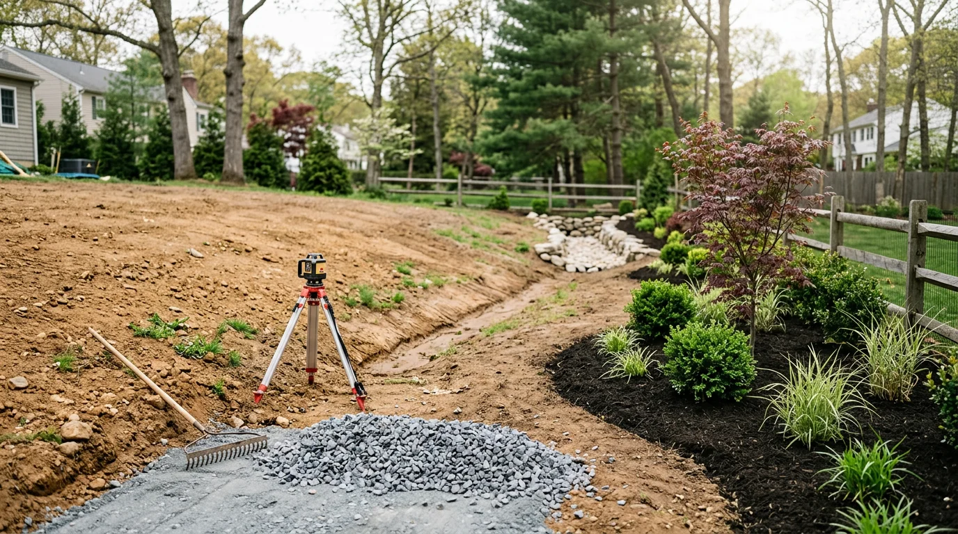 Custom landscape design plan laid out for a residential property in Greenlawn, NY, showing integrated hardscape and planting zones across a graded backyard. Gladiator Landscaping and Design LLC project serving the Huntington, Suffolk County area.