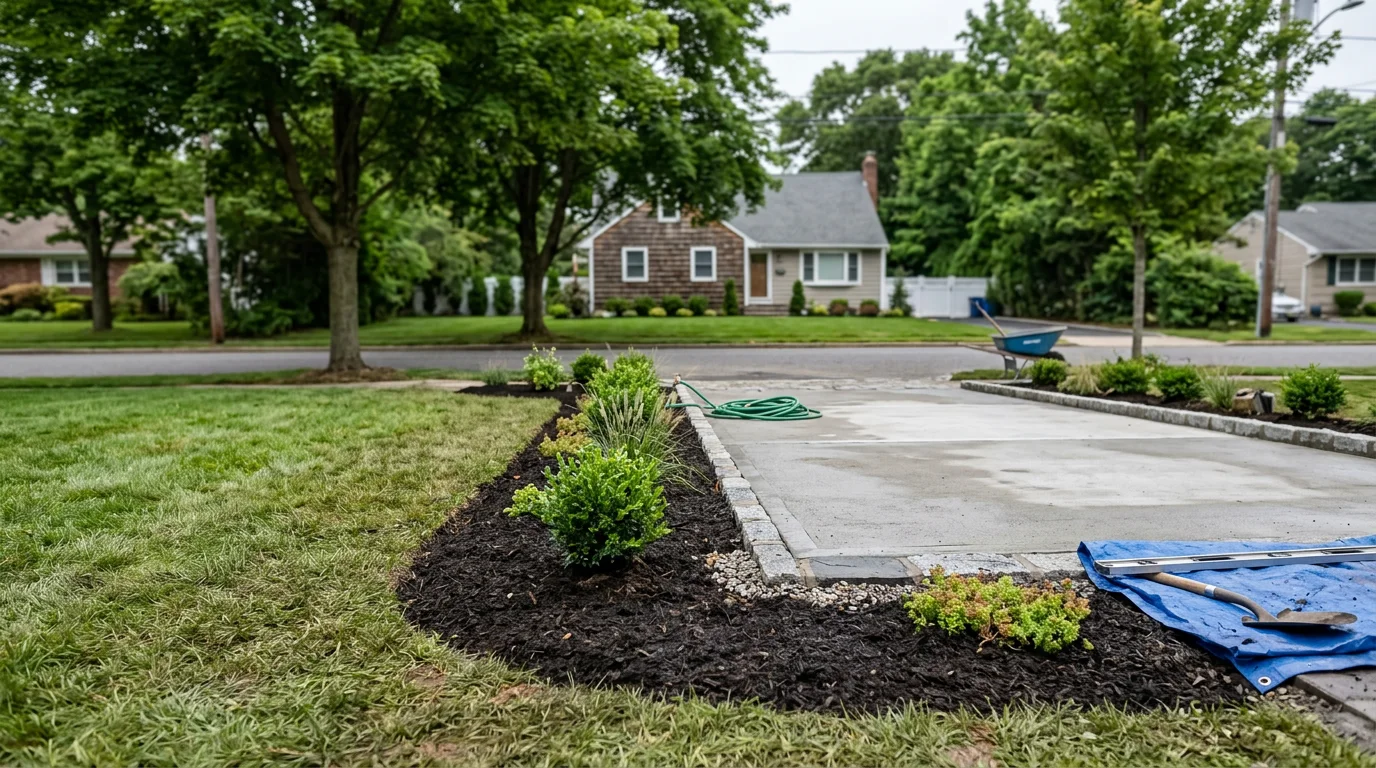Freshly installed driveway landscaping along a residential property in Greenlawn, NY, showing defined edging, low evergreen border plantings, and a clean transition between the driveway surface and the surrounding lawn.