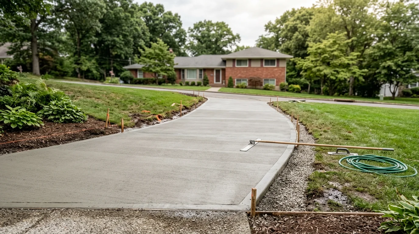 Freshly paved concrete driveway and front walkway at a single-family home in Greenlawn, NY, with clean edges and a graded surface sloping away from the garage. The walkway connects the driveway to the front entry of a colonial-style home on a tree-lined residential street.