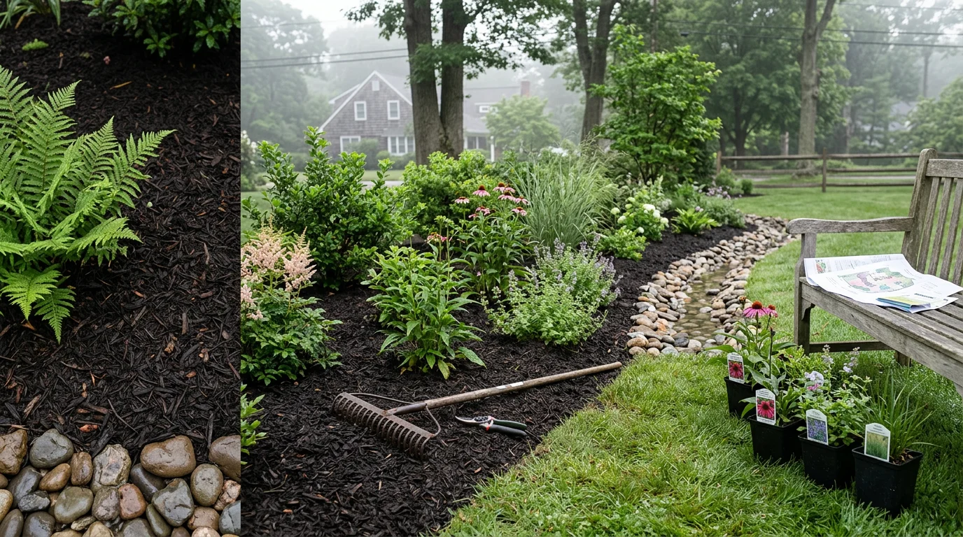 A professionally designed residential garden bed in Greenlawn, NY, featuring structured planting borders and layered plantings suited to Long Island's climate. The garden is photographed in full growing season, showing defined edges and healthy plant growth against a single-family home.