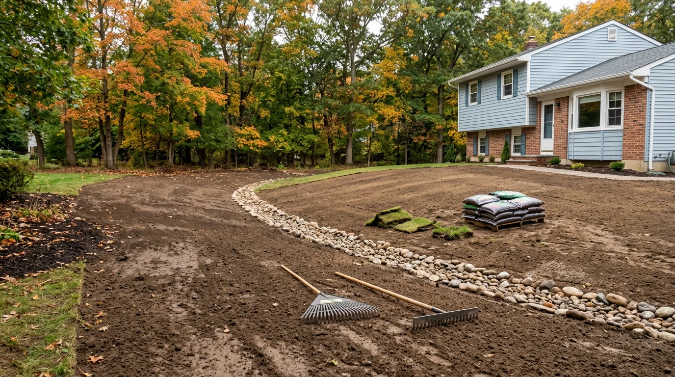 A reshaped residential backyard in Greenlawn, NY showing a smooth, evenly sloped lawn graded away from the home's foundation. Freshly compacted soil forms a clean grade across the property with no visible low spots or pooling areas.