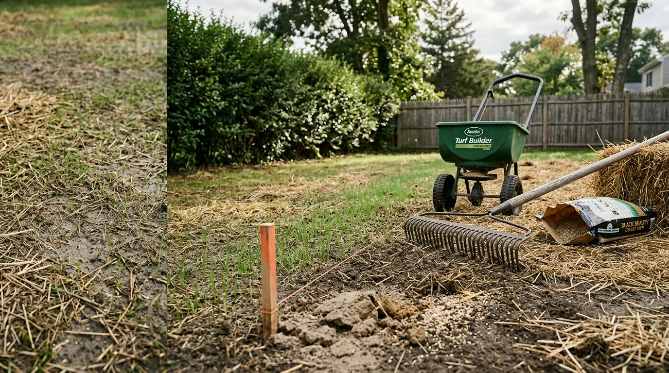 A Greenlawn, NY residential lawn showing dense, evenly established cool-season grass after professional grass seeding service. The yard transitions from a previously bare and patchy area to full turf coverage across a typical Suffolk County property.