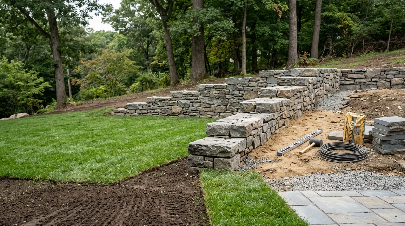 Completed landscape design construction project at a residential property in Greenlawn, NY, showing graded terrain, a stone retaining wall, and finished turf on a sloped North Shore lot. The hardscape and lawn surfaces meet cleanly, with no visible erosion or grade irregularities.