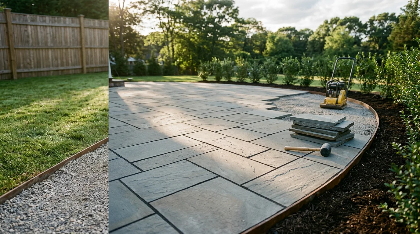 A finished patio design in a Greenlawn, NY backyard showing defined seating and dining zones with clean hardscape lines. The layout follows the natural grade of a Suffolk County residential lot.