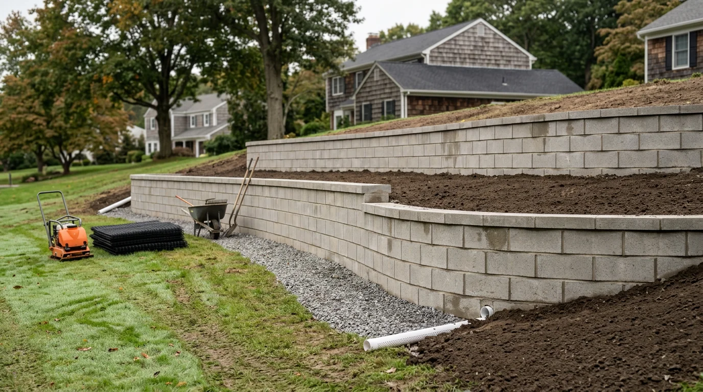 A concrete retaining wall holding back a clay-heavy slope on a residential property in Greenlawn, NY, with graded backfill and a level yard area visible above the wall. The wall runs along the rear of the property where the grade drops sharply toward a lower lawn.