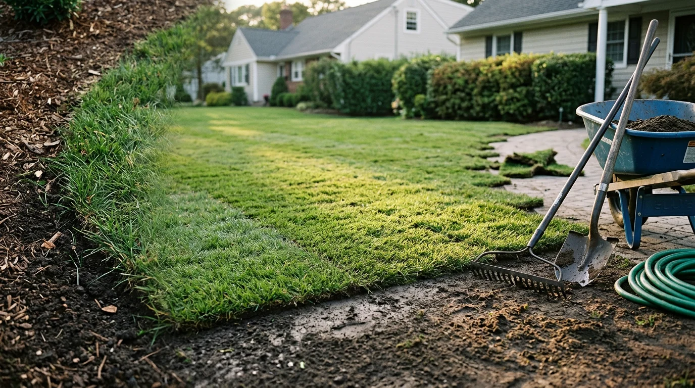 Freshly installed sod rolls laid across a residential backyard in Greenlawn, NY, with tight seams and graded soil visible along the lawn edge. A clean border meets an existing patio surface, showing flush sod placement typical of a professional Suffolk County installation.