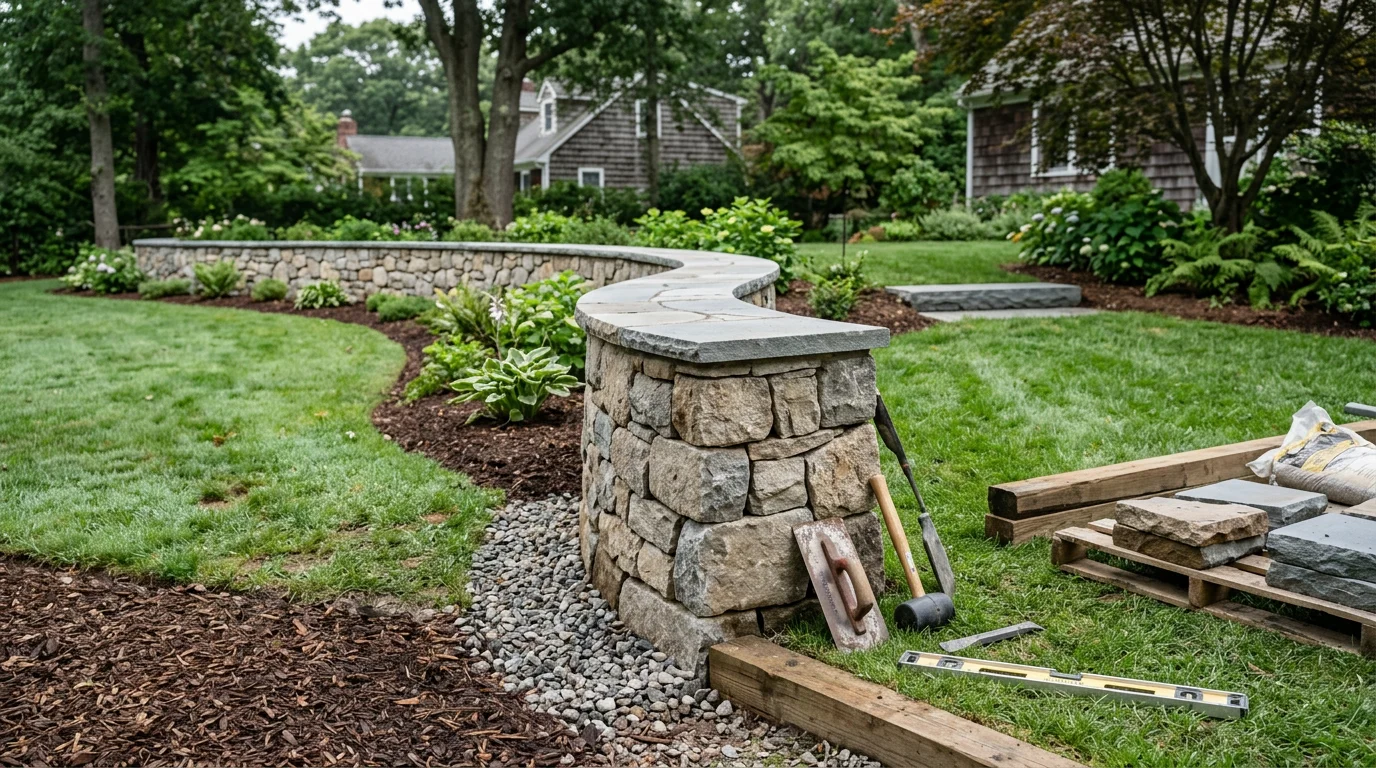 Finished stone masonry installation at a residential property in Greenlawn, NY, showing a natural stone garden wall and steps with clean mortar joints on a North Shore Suffolk County lot.