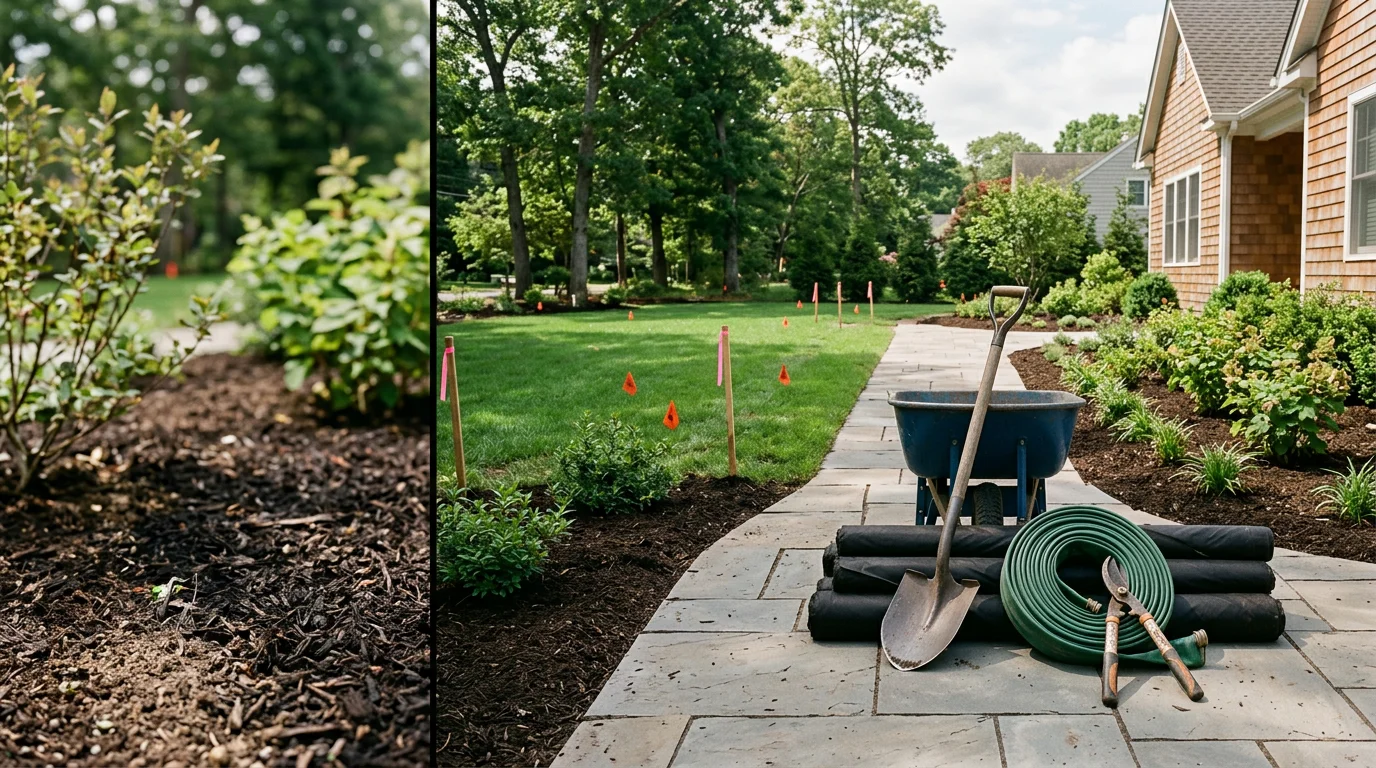 A redesigned residential backyard in Greenlawn, NY featuring a graded lawn, defined planting beds, and a clean layout suited to a Suffolk County suburban property. The yard shows clear separation between lawn space and planted borders with no standing water or uneven ground.