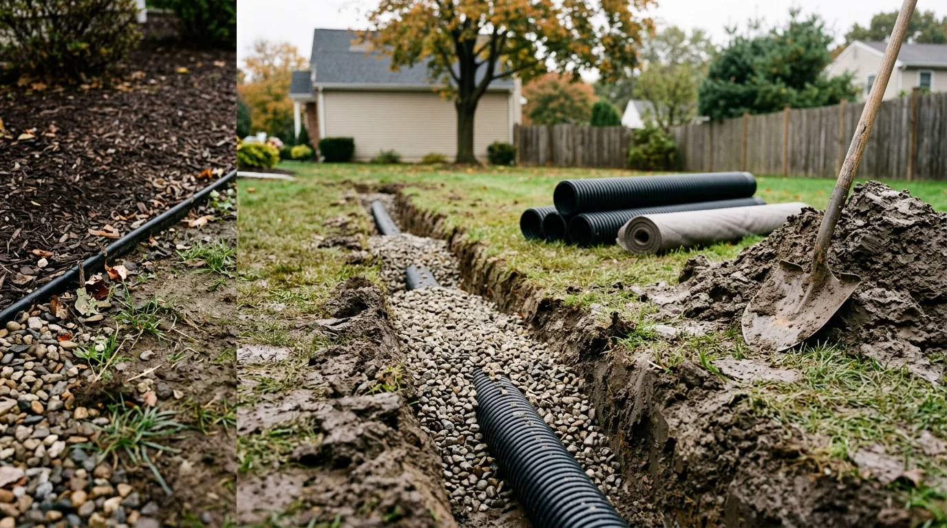 A Greenlawn, NY backyard with a newly installed yard drainage system channeling water away from the lawn and foundation on a clay-soil North Shore property. The surrounding turf is firm and level with no visible pooling or erosion.